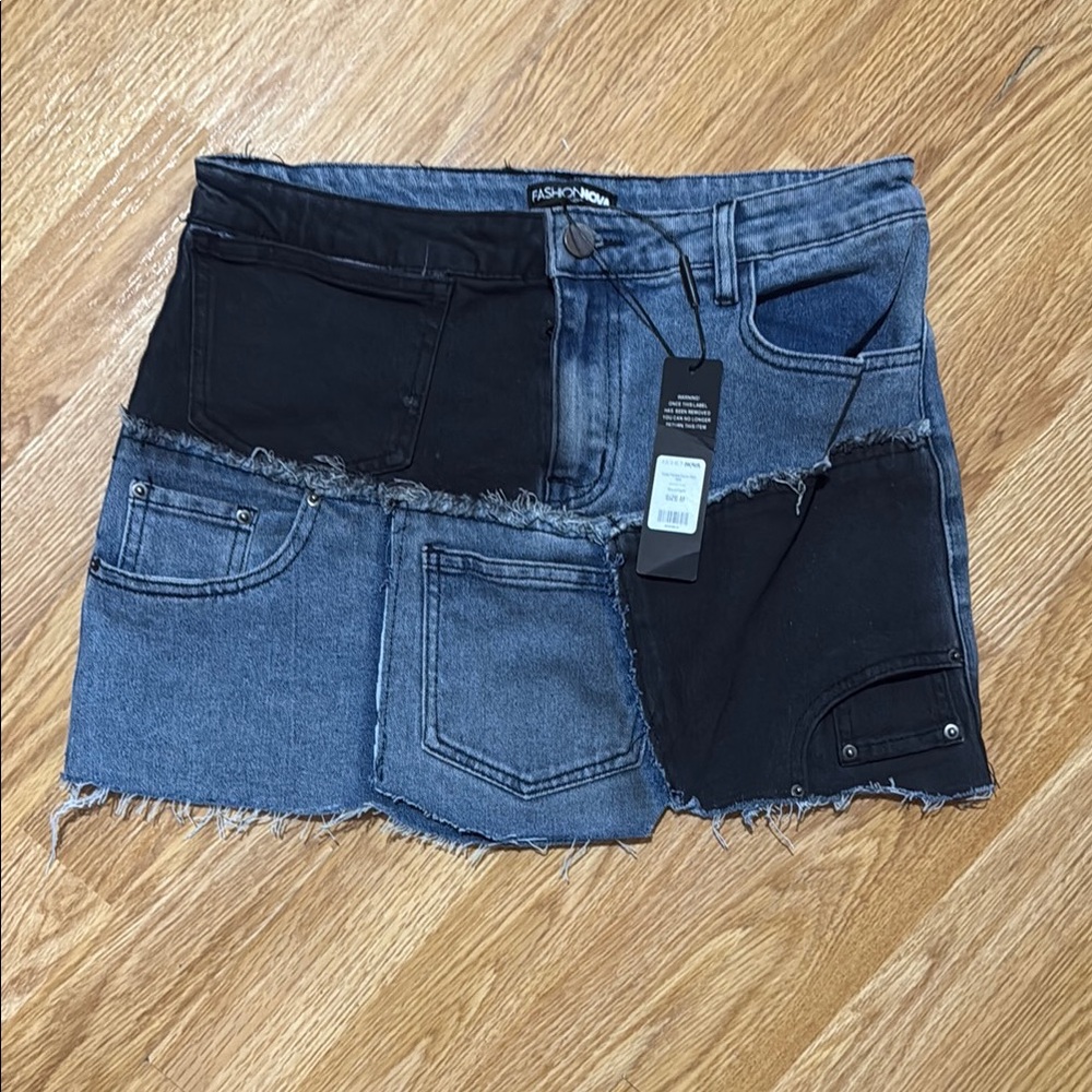 Fashion Nova Asymmetrical Blue and Black Mini Skirt